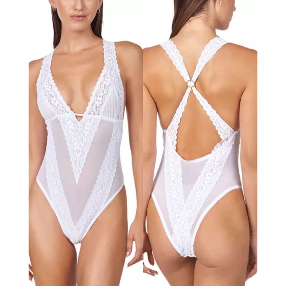 Mucci NWT Alessandra Lace Open Back Lingerie Bodysuit Bianca Medium